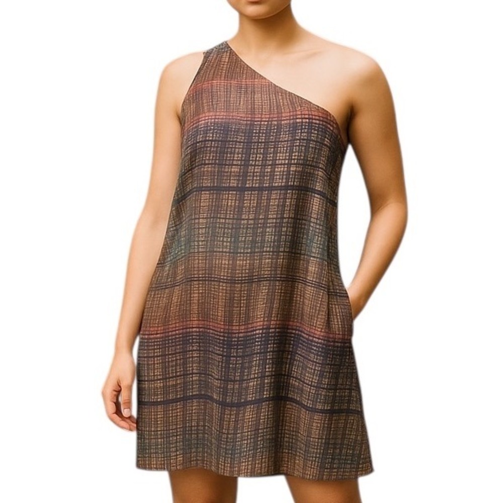 Max Studio 100% Silk One Shoulder Draped Plaid Muliticolor Dress Size XS‎ ASO AD